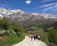 Etapa 3. Cabañes-Santo  Toribio. Peregrinos con Picos de Europa al fondo.